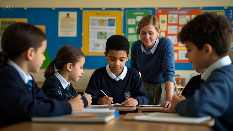 Higher Level Teaching Assistant (HLTA) interacting with students in a classroom setting