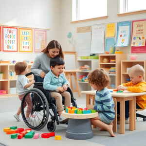 A teacher supporting children with diverse needs in a sensory-friendly classroom, showcasing inclusive education tools and techniques.