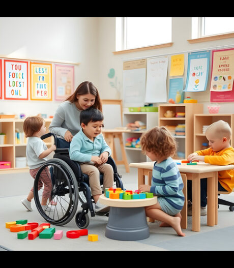 A teacher supporting children with diverse needs in a sensory-friendly classroom, showcasing inclusive education tools and techniques.